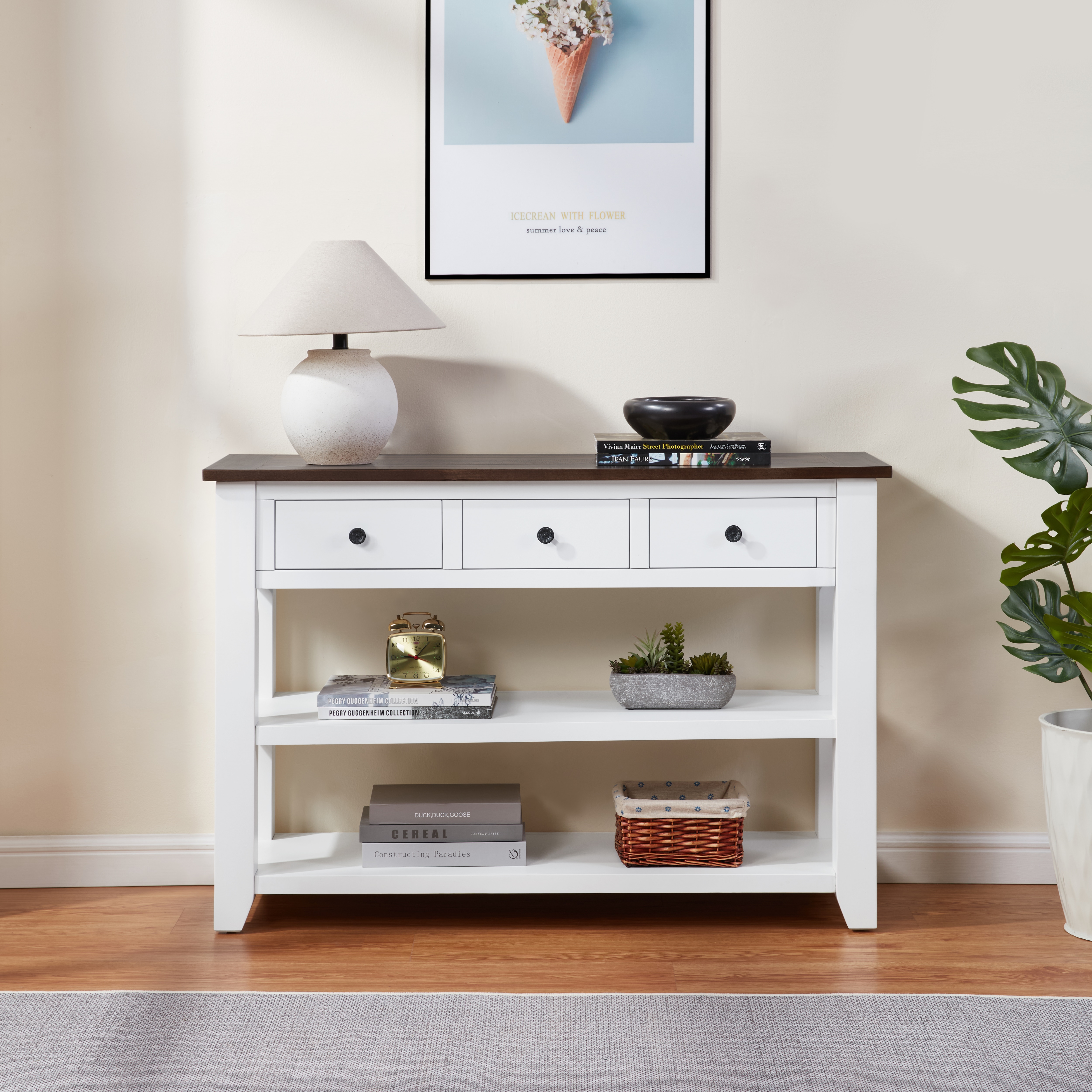 Retro Design Console Table With Two Open Shelves, Pine Solid Wood Frame And Legs For Living Room_voghion.com